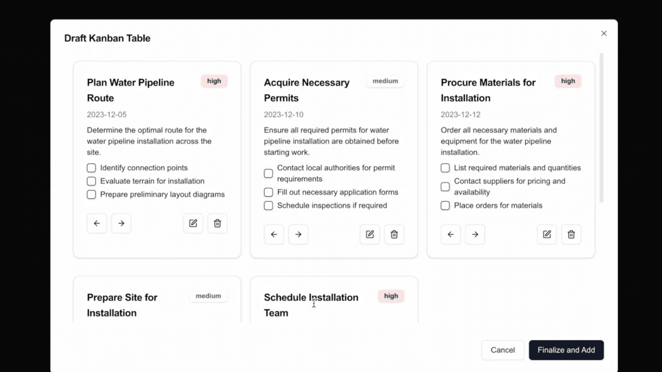AI-generated draft Kanban for Water Pipeline Installation